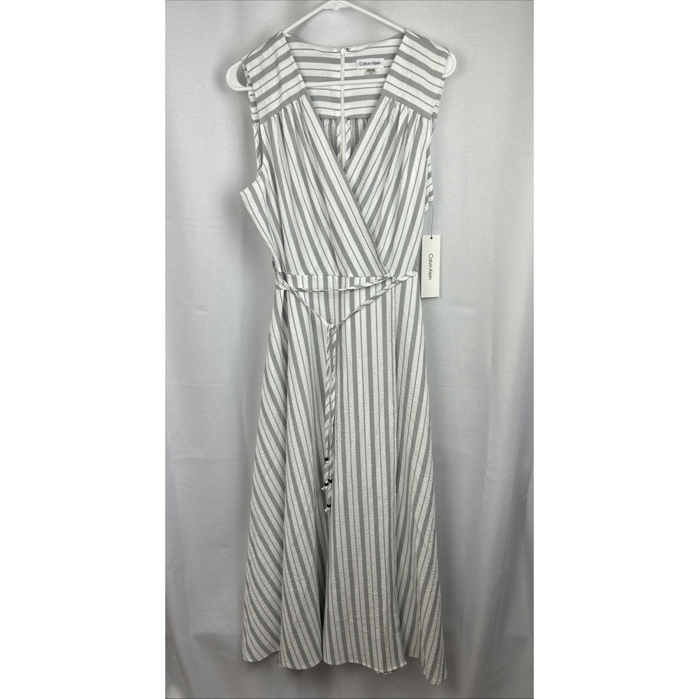 Calvin Klein Midi Maxi V-Neck Dress Gray White Stripes Crinkle Belted 14 NWT